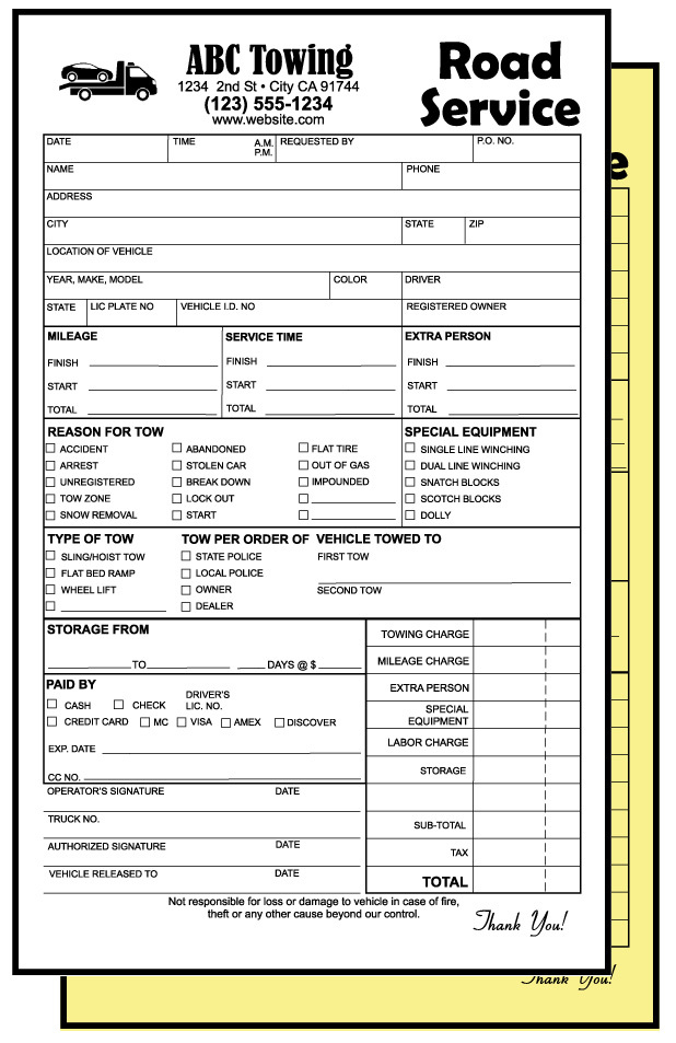 Towing Invoices – Receipts – Custom Printed – 2 part NCR Road Service Form