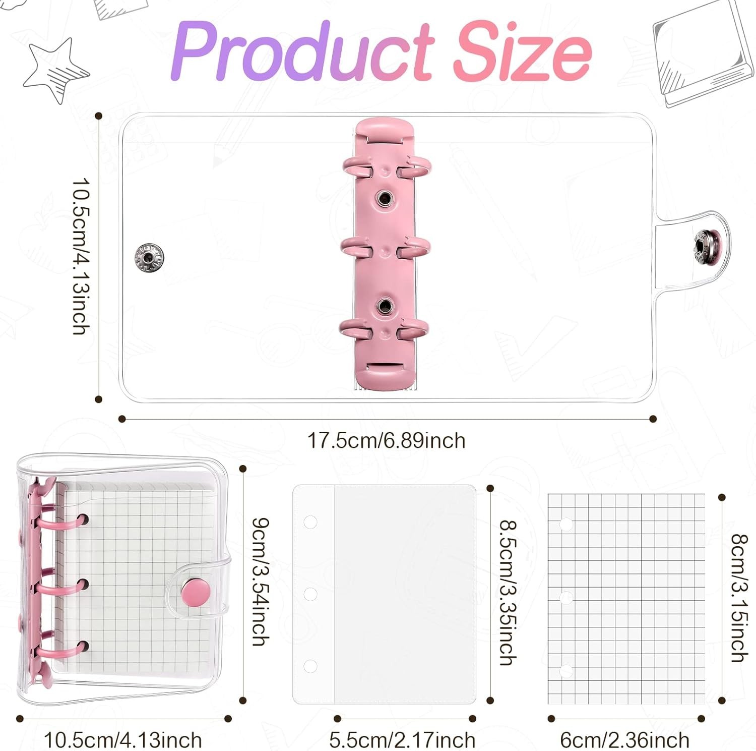 2 Sets Mini Transparent 3 Ring Binder Covers with Mini Binder Inner Paper Pocket