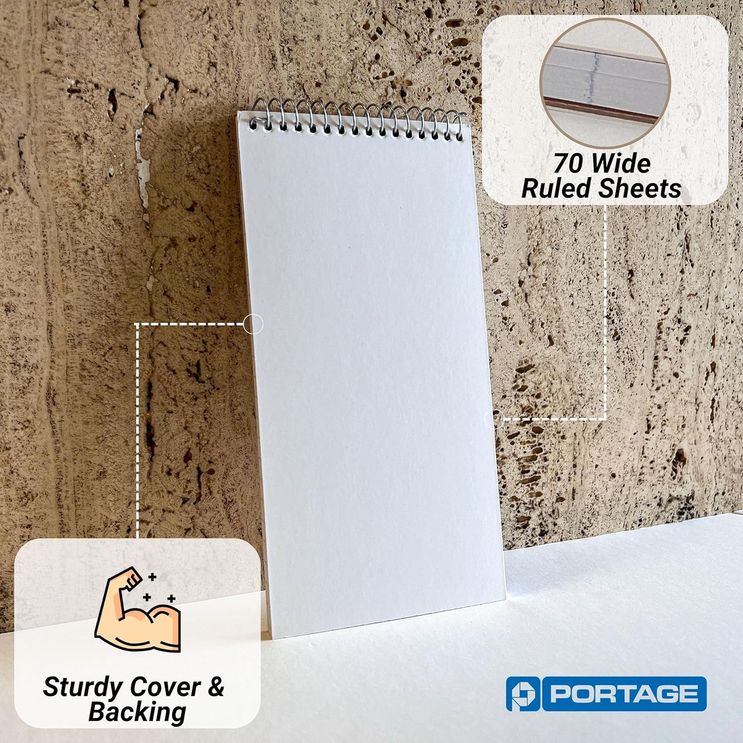 Portage Reporters Notebook – Top Bound Spiral Notepad, Blank Cover Steno Note