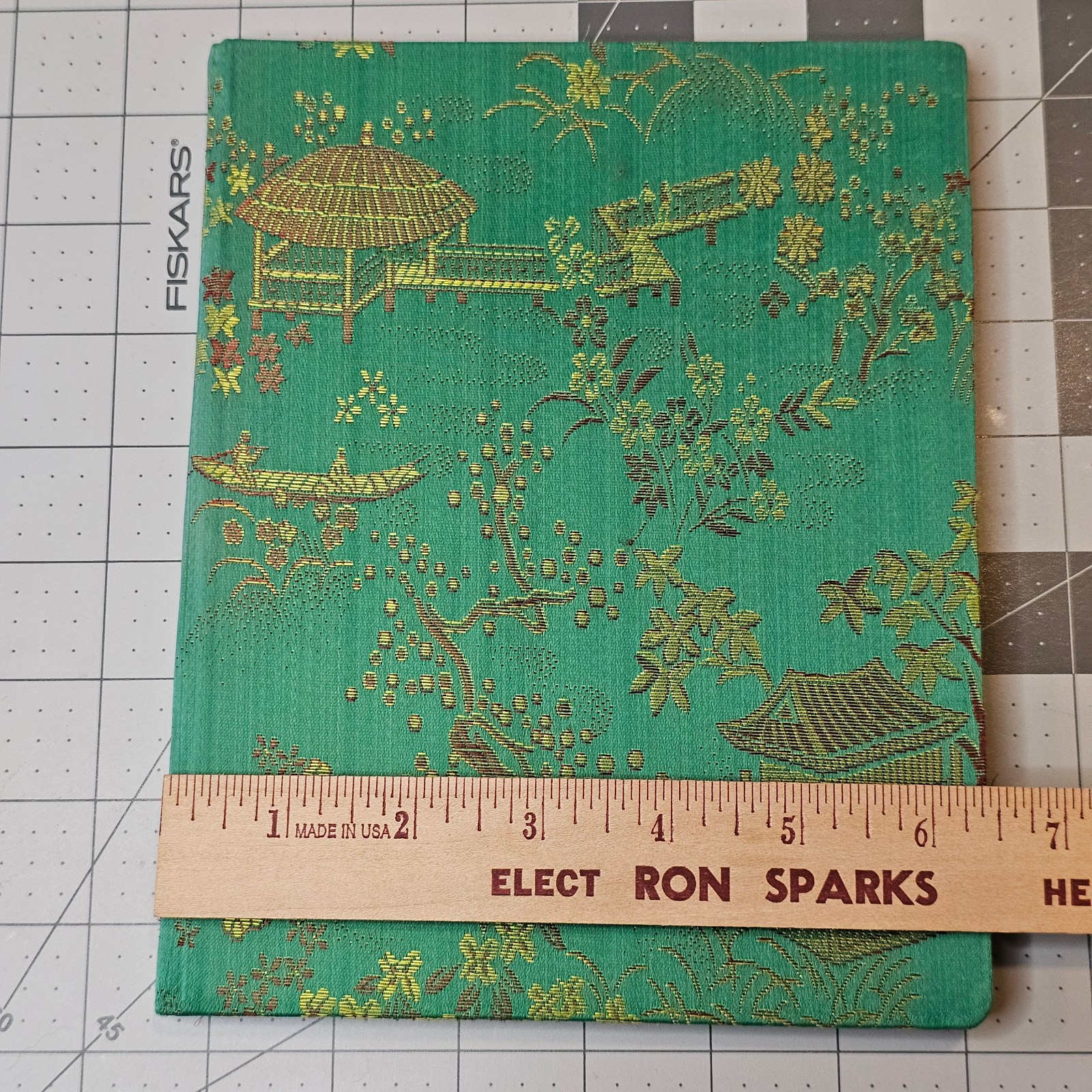 Vintage Chinese Brocade Fabric Cover Lined Notebook Journal 8″ x 6.5″ Green Gold