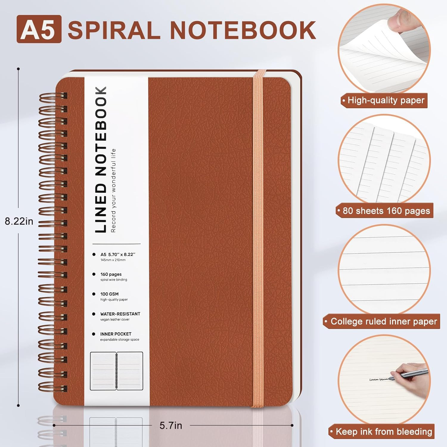 Lined Spiral Journal Notebook with 160 Pages, 8×5.7in, A5 Spiral Notebook, Journ