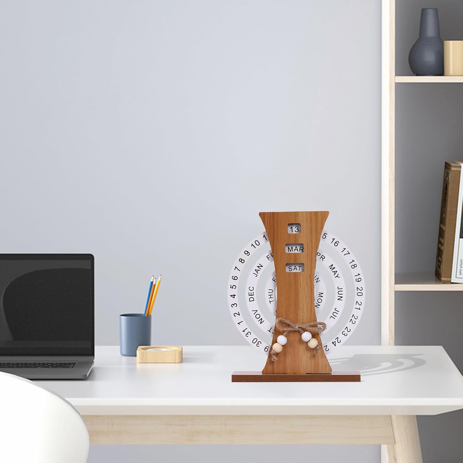 Wooden Perpetual Desk Calendar Vintage Rotating Block Calendar Home Office Decor