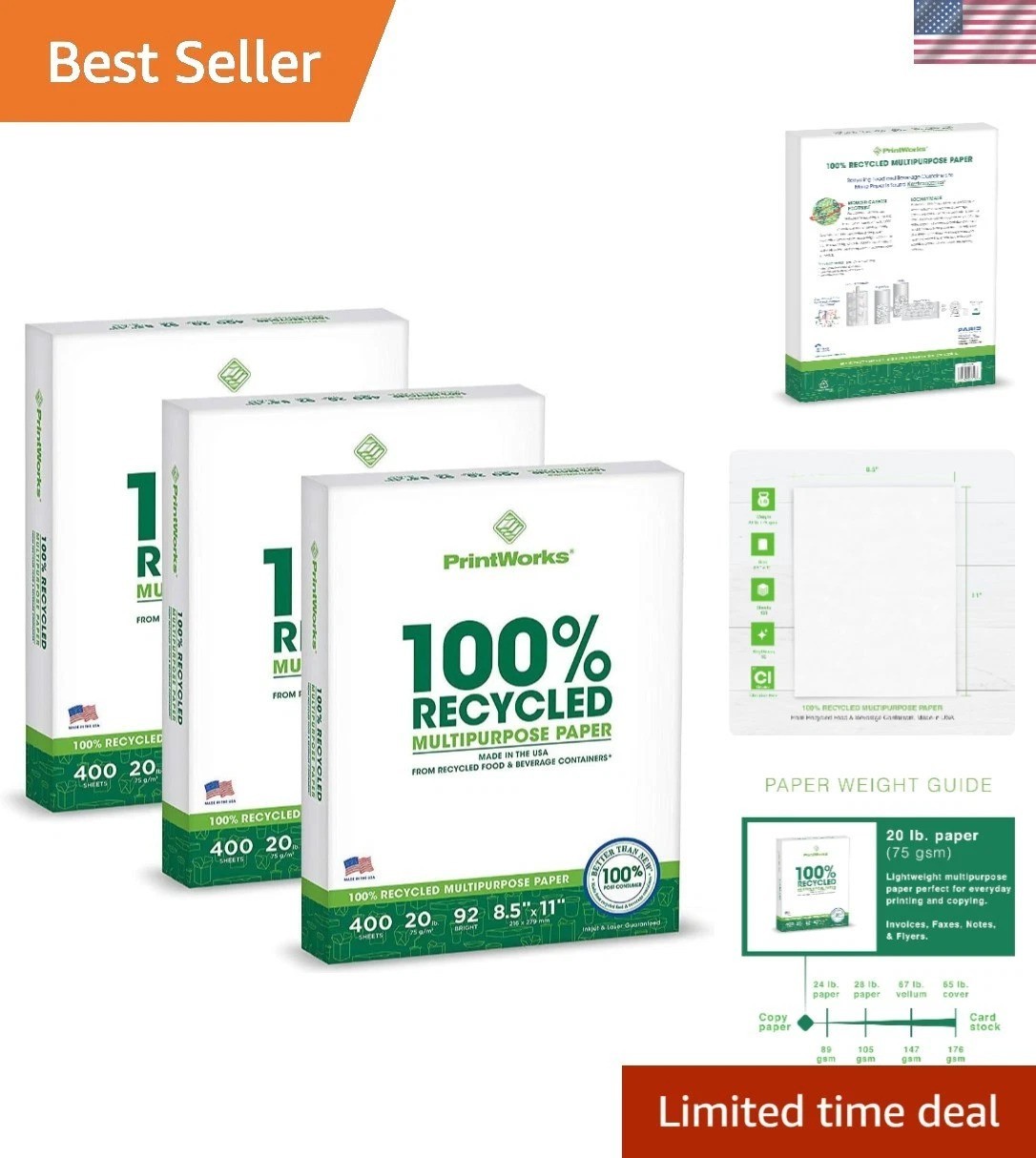 3 Packs 8.5″ x 11″ Recycled Printer Paper – 1200 Sheets