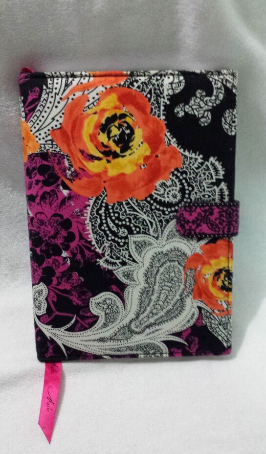Fabric Cover Lined Journal Diary Notebk Orange Hot Pink Floral Paisley on Black 