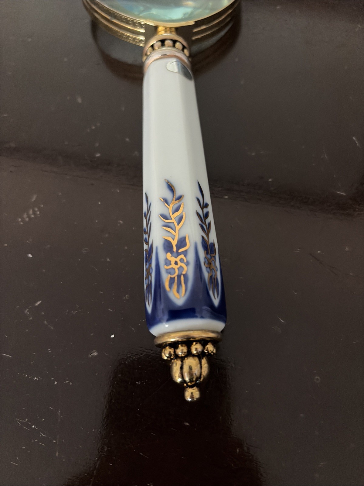 Bombay co Cobalt Blue & White Porcelain Magnifying Glass 8.5 In