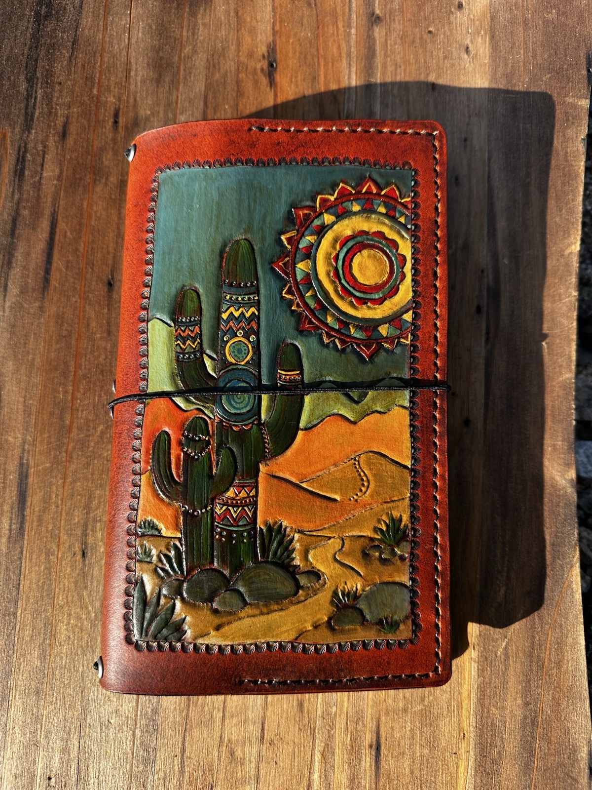 Handtooled Leather Travelers Notebook Desert Landscape