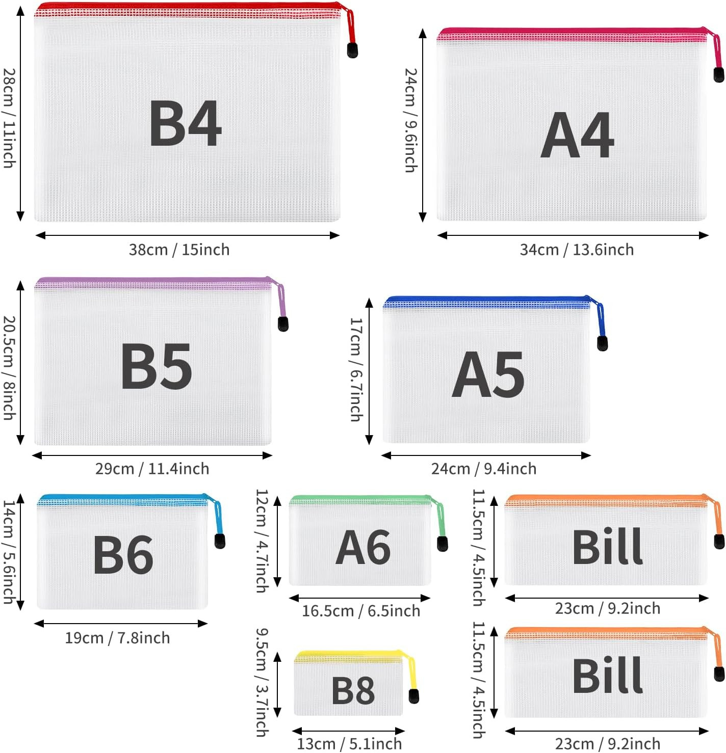 EOOUT 30Pcs Mesh Zipper Pouch Bags, 8 Sizes Plastic Zipper Bags, 8 Colors Waterp