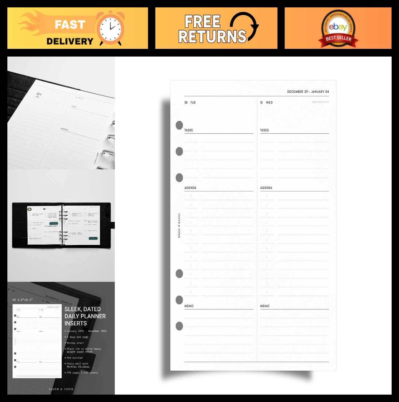 A5 2026 Daily Planner Inserts – 6 Ring Refills | Minimalist Organizer | 2 Days/P