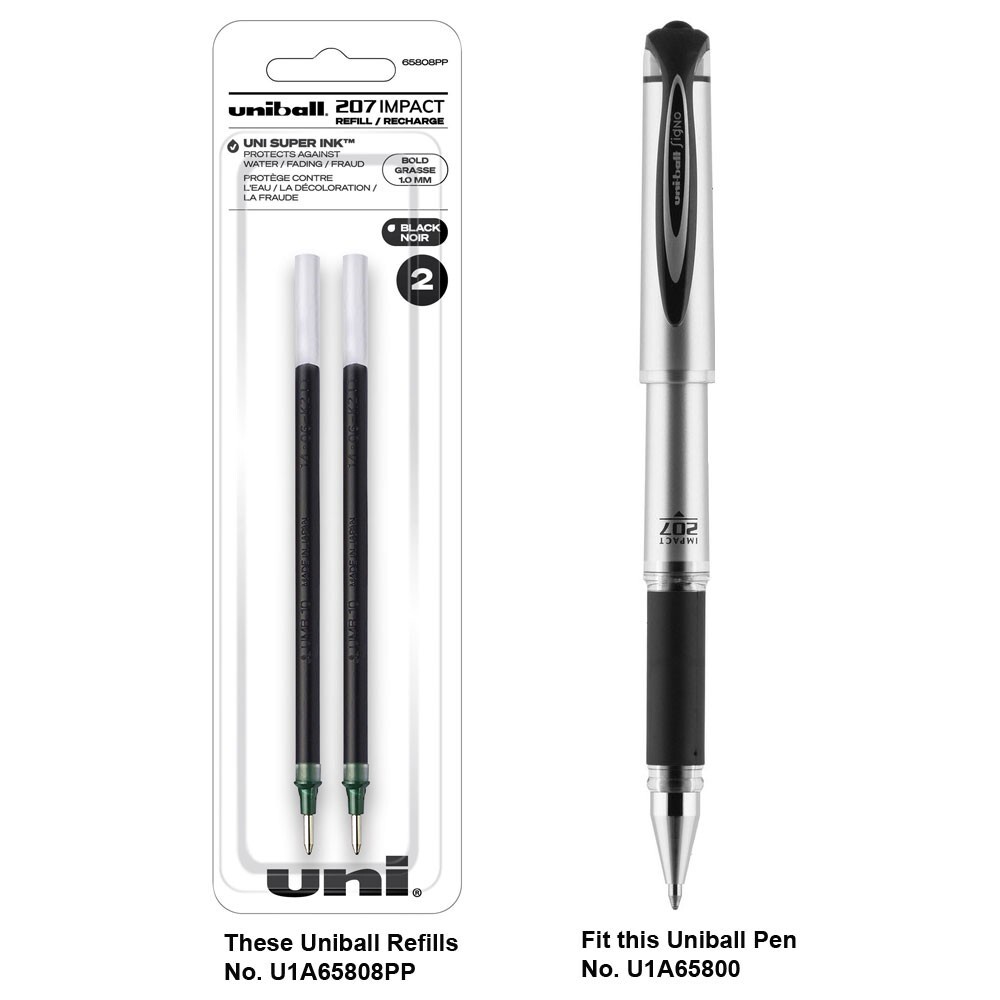 Uniball 65808PP 207 Impact Refills, Black Gel Ink, 1.0mm Bold Point, 6 Packs