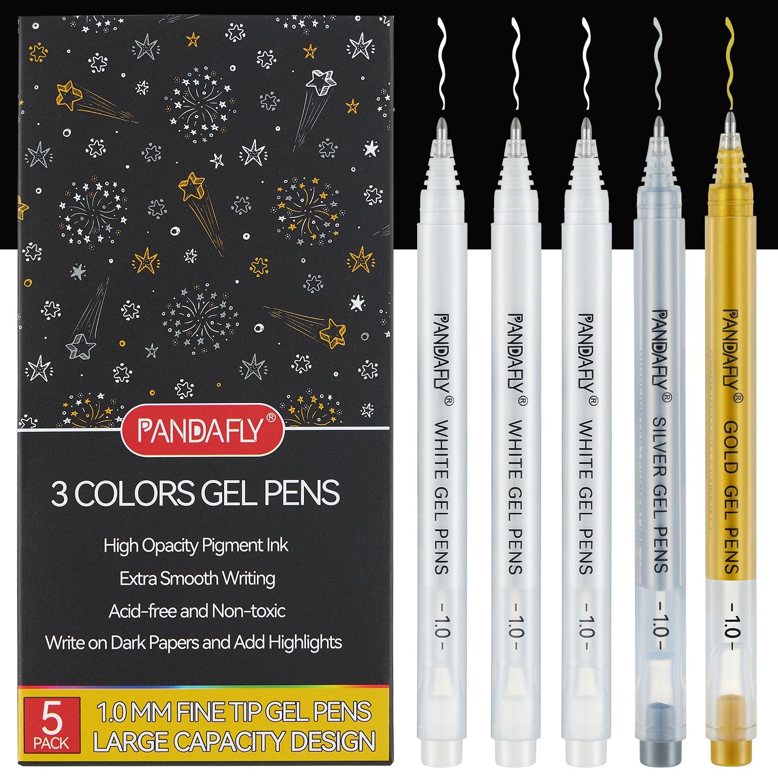 PANDAFLY Gold Silver White Gel Pens, 5 Pack, 1 Count (Pack of 5), Multicolor