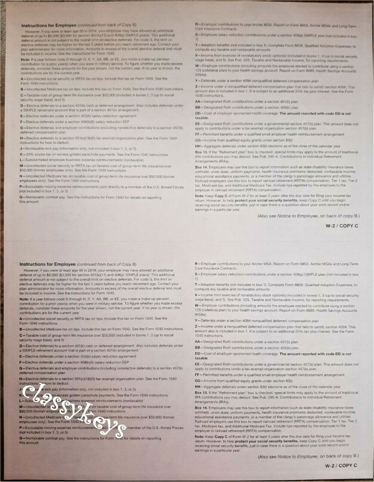 2019 IRS Tax Form W-2 Wage Stmts 10 employees LASER 6-pt +(2)W3 #TF5650 NO Env