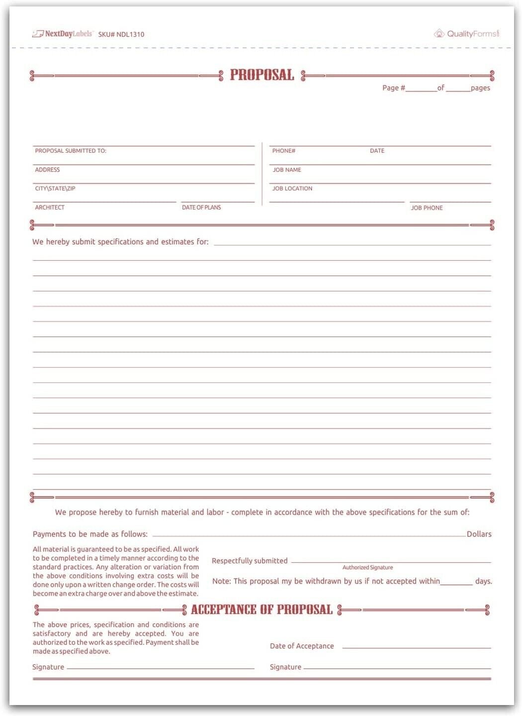 Letter Size (8.5 x 11) General Proposal Forms, 3-Part NCR, 50 Sets per Pack
