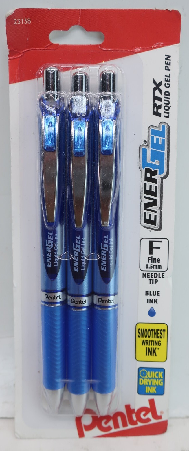 Pentel EnerGel RTX 3 PACK Liquid Gel Pens 0.5mm Fine – Needle Tip – Blue Ink