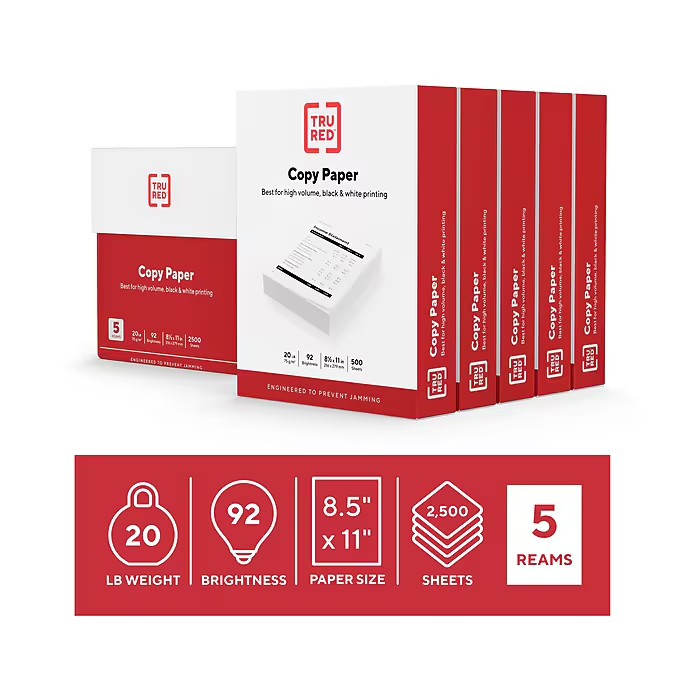 TRU RED Copy Paper 8.5×11 Letter 20lb 92 Bright 5 Reams 2500 Sheets White