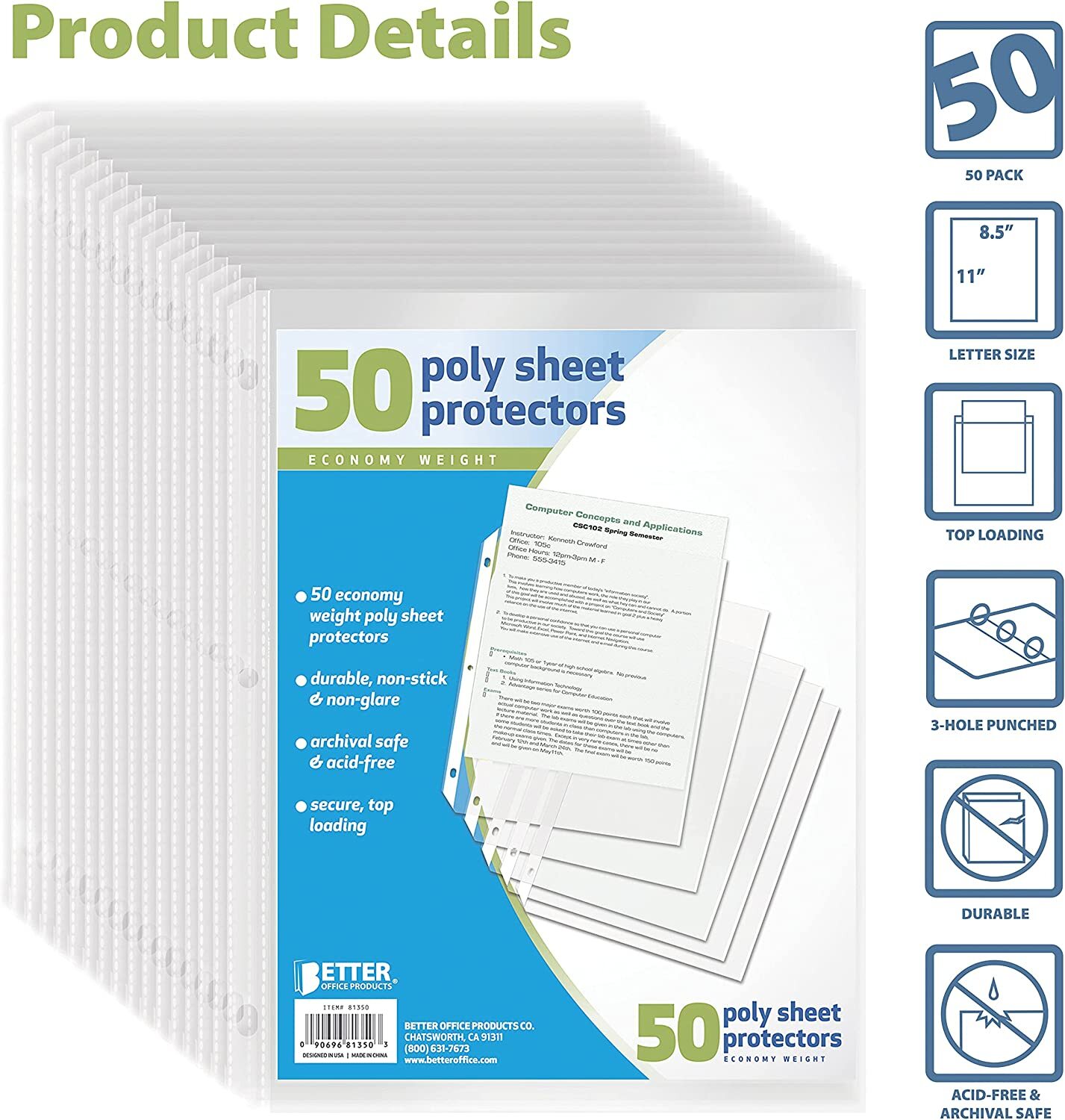 50 Sheet Page Protectors Office Clear Plastic Document Paper Binder Sleeves US