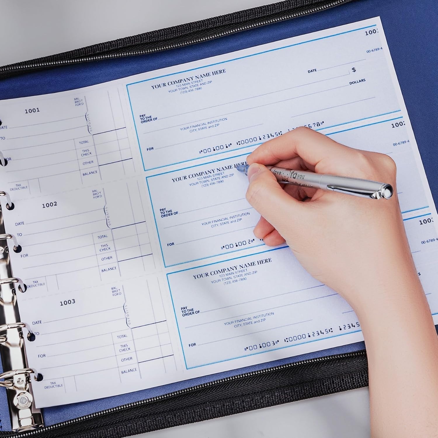 Zippered 7-Ring Business Checkbook Binder PU Leather 600 Checks Blue
