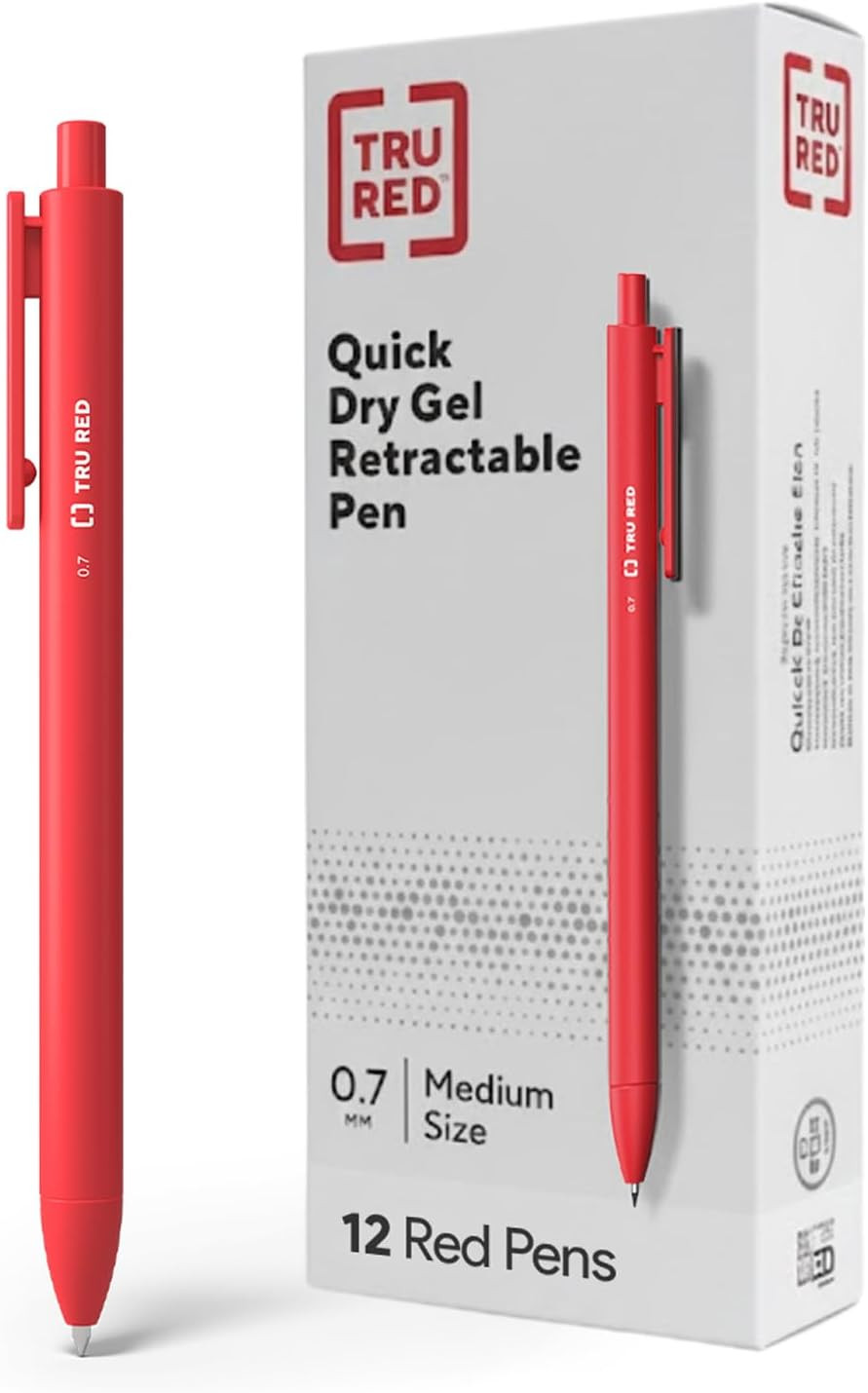 TRU RED Retractable Gel Pens, Medium Point 0.7Mm, Red Ink, 12 Pack – Quick‑Dry P