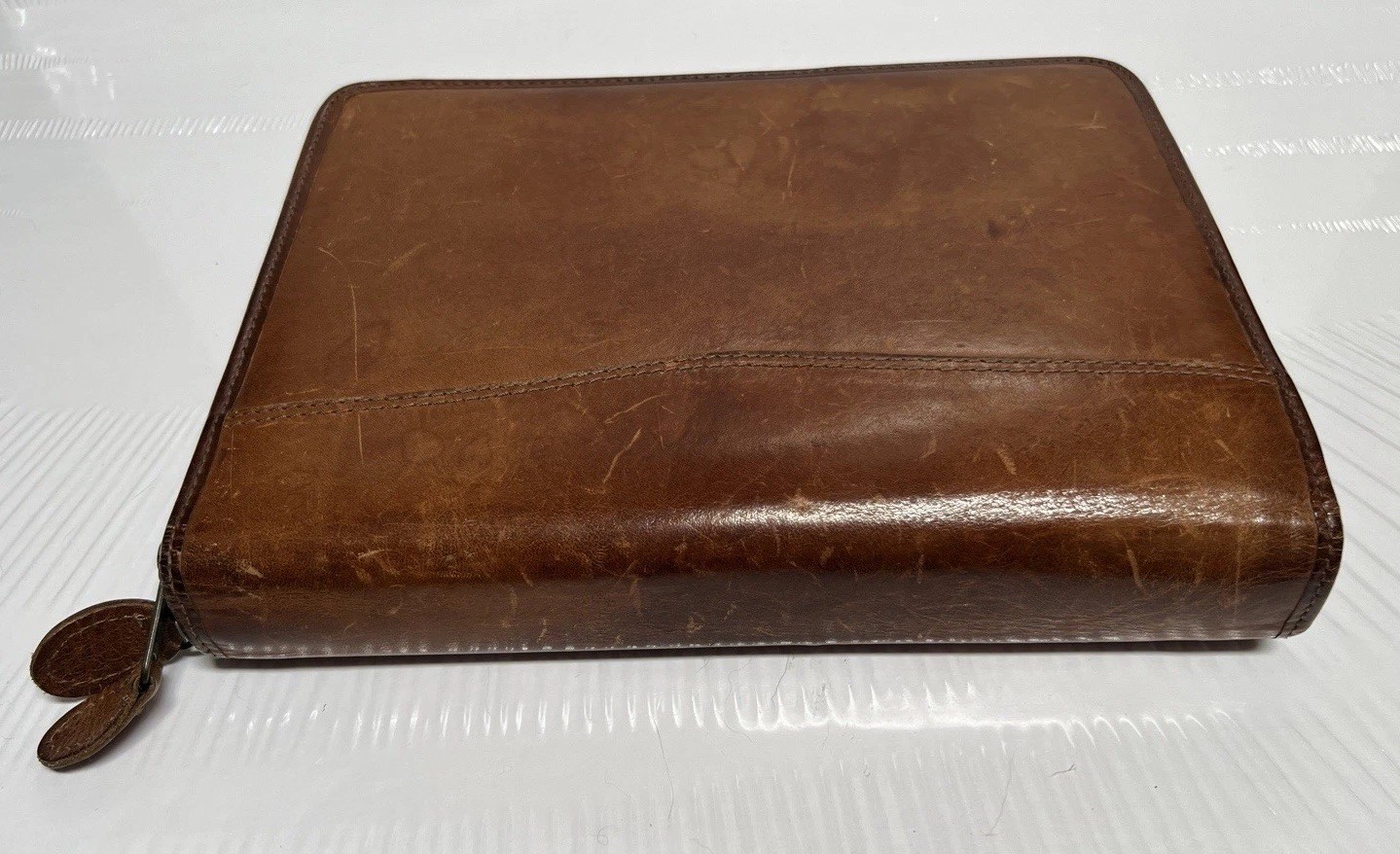Vintage Day Timer Planner Brown Genuine Leather Organizer Binder Zip 7 Rings
