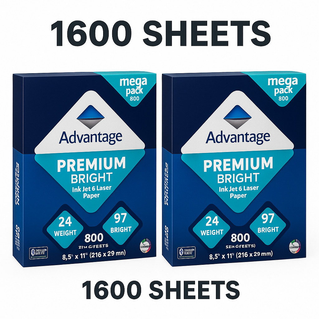 Advantage Premium Inkjet Laser Paper 8.5×11 24lb 97 Bright 1600 Sheets