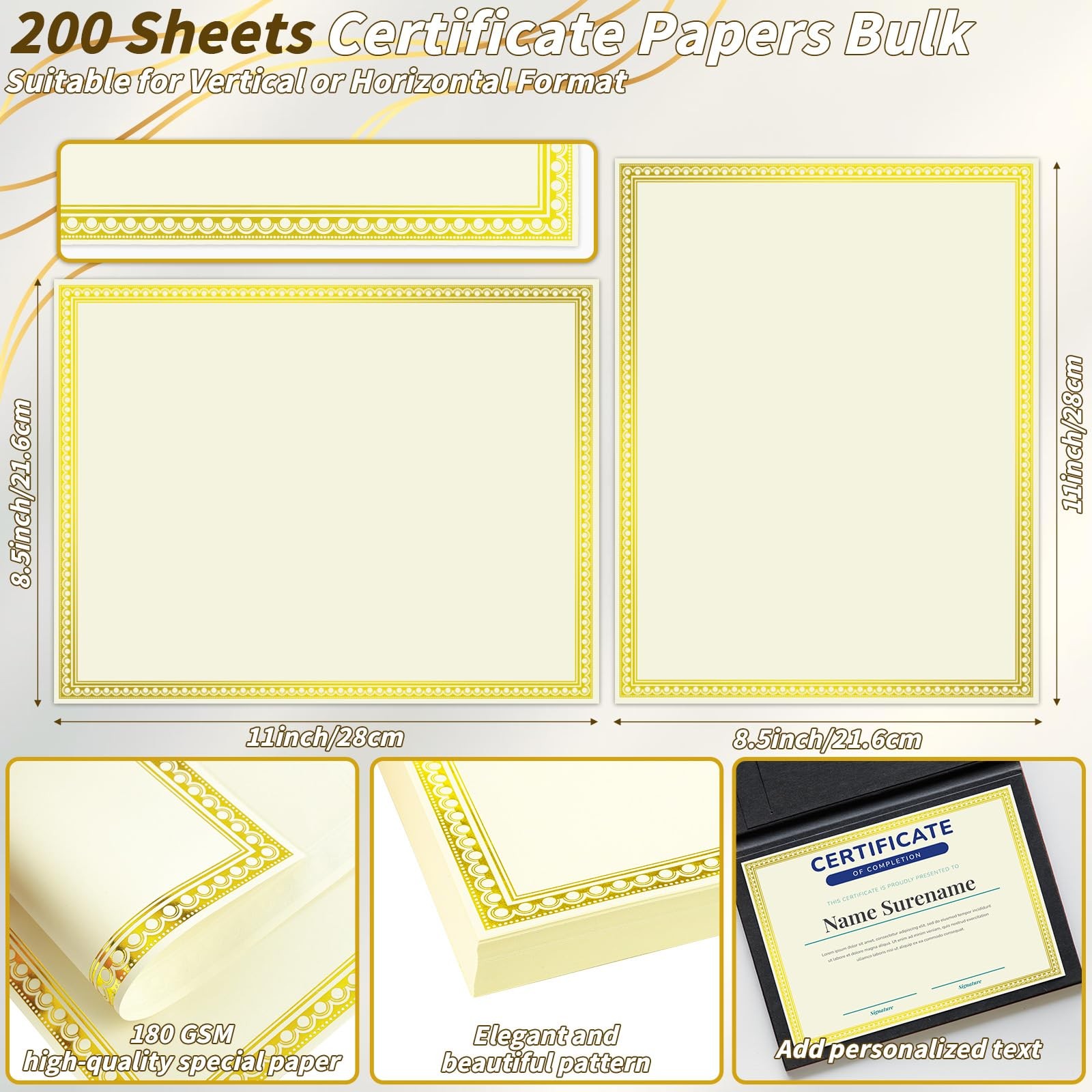 200 Sheet Gold Foil Award Certificate Paper Bulk 8.5 x 11 In for Printing Cus…