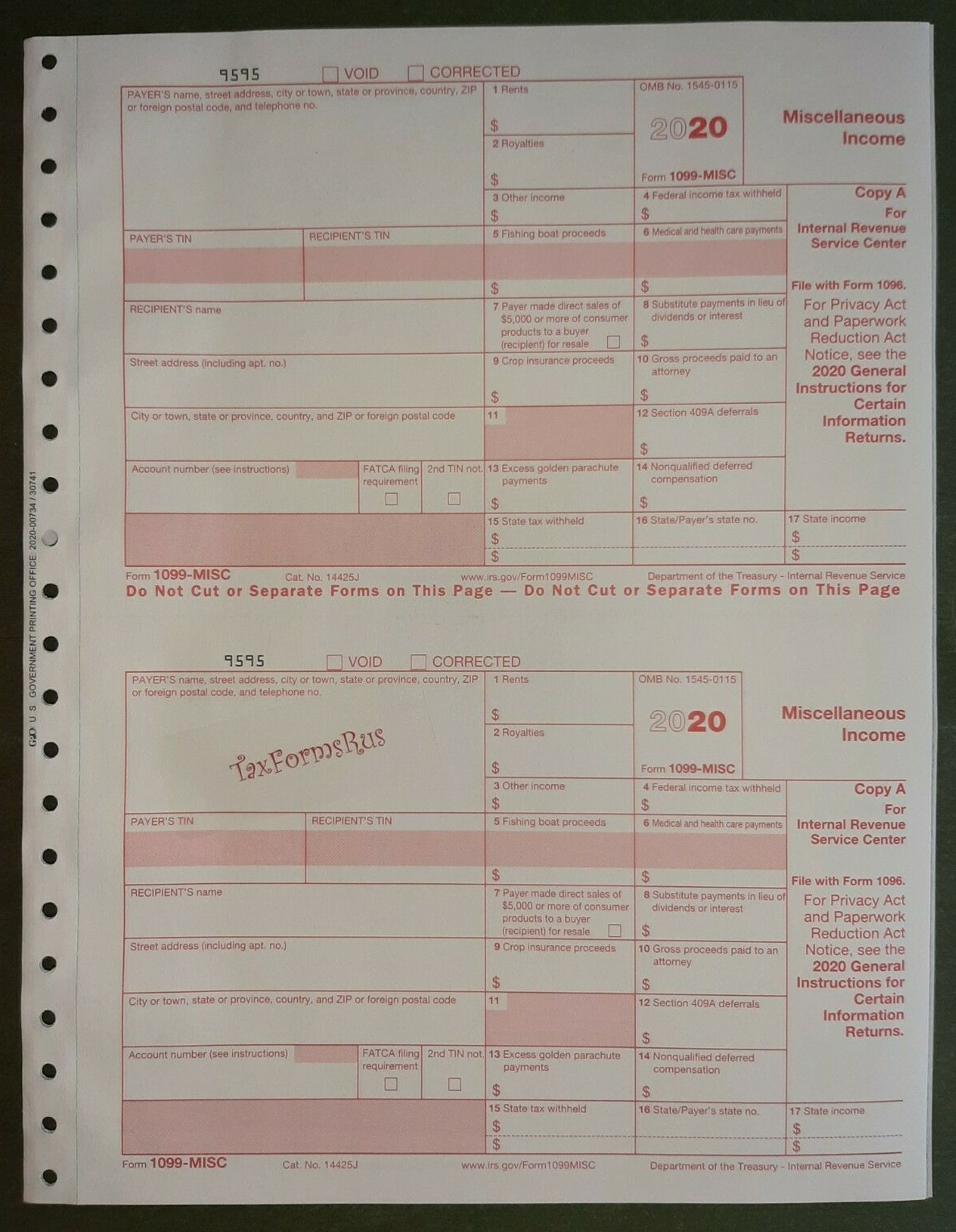 2020 IRS Tax Form 1099-MISC Carbonless for 10 recipients + (2) 1096 — NO Env