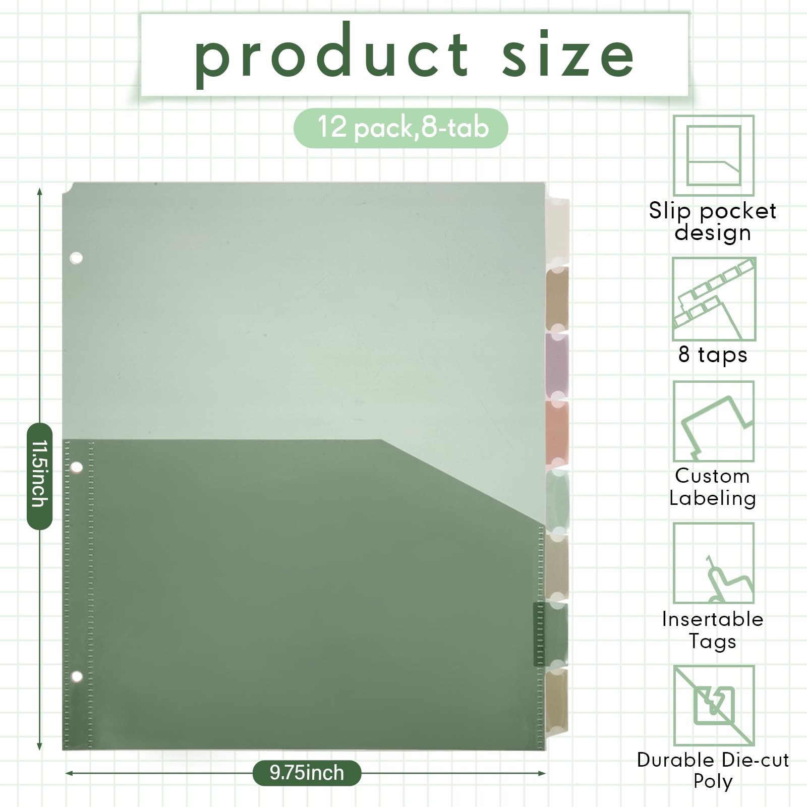 6 Sets 8-tab Plastic Binder Dividers with Pockets 3-Hole Punched 9.75×11.5 In…