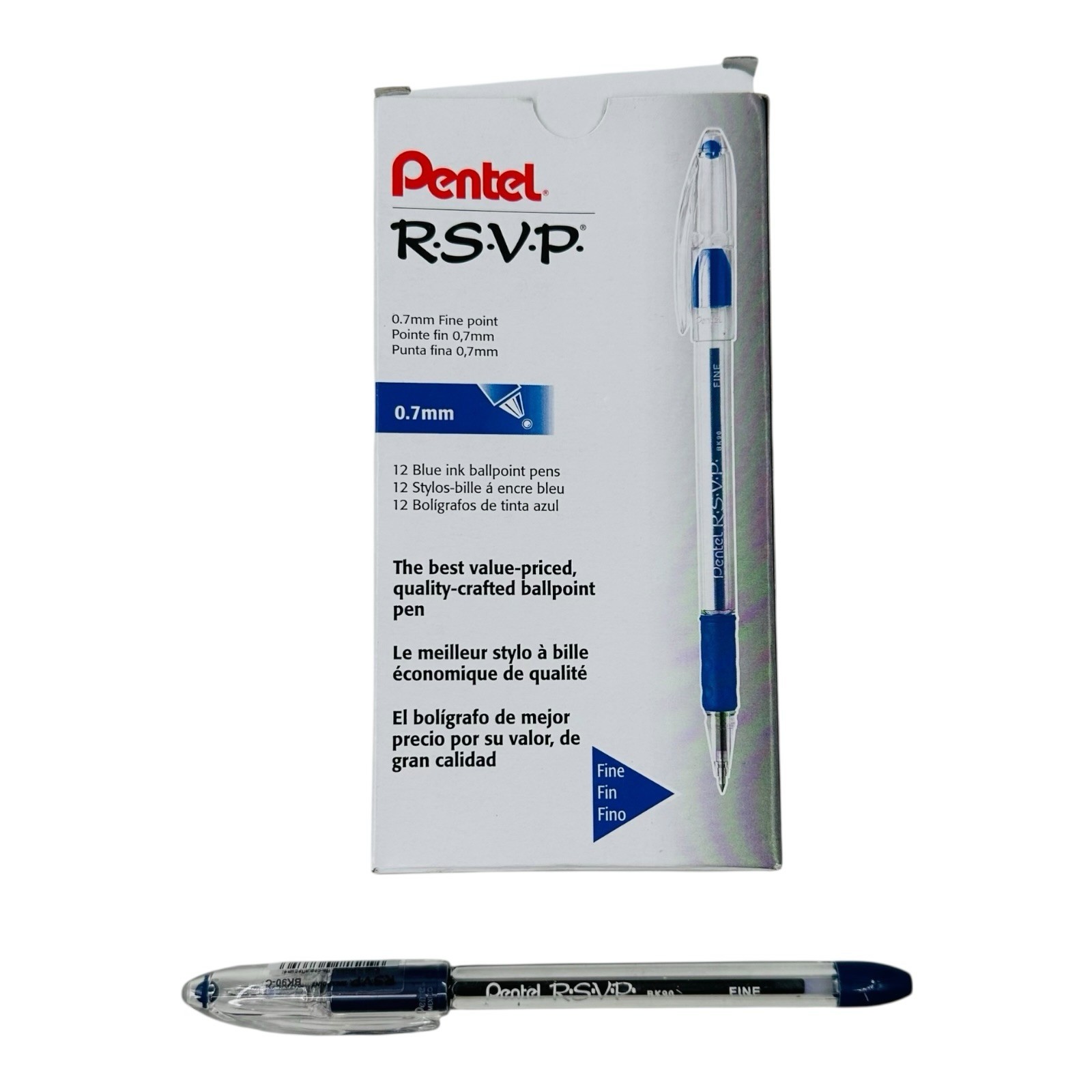12 Pens Pentel RSVP Blue Ink Ballpoint Pens Stick Pen 0.7mm Fine Point