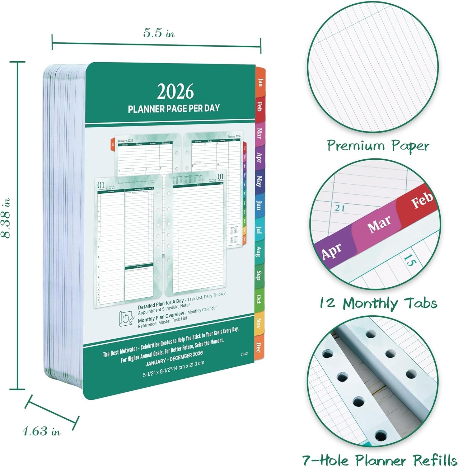 2026 Daily & Monthly Planner Refills 2 Pages Per Day Green 5.5×8.4 Inches