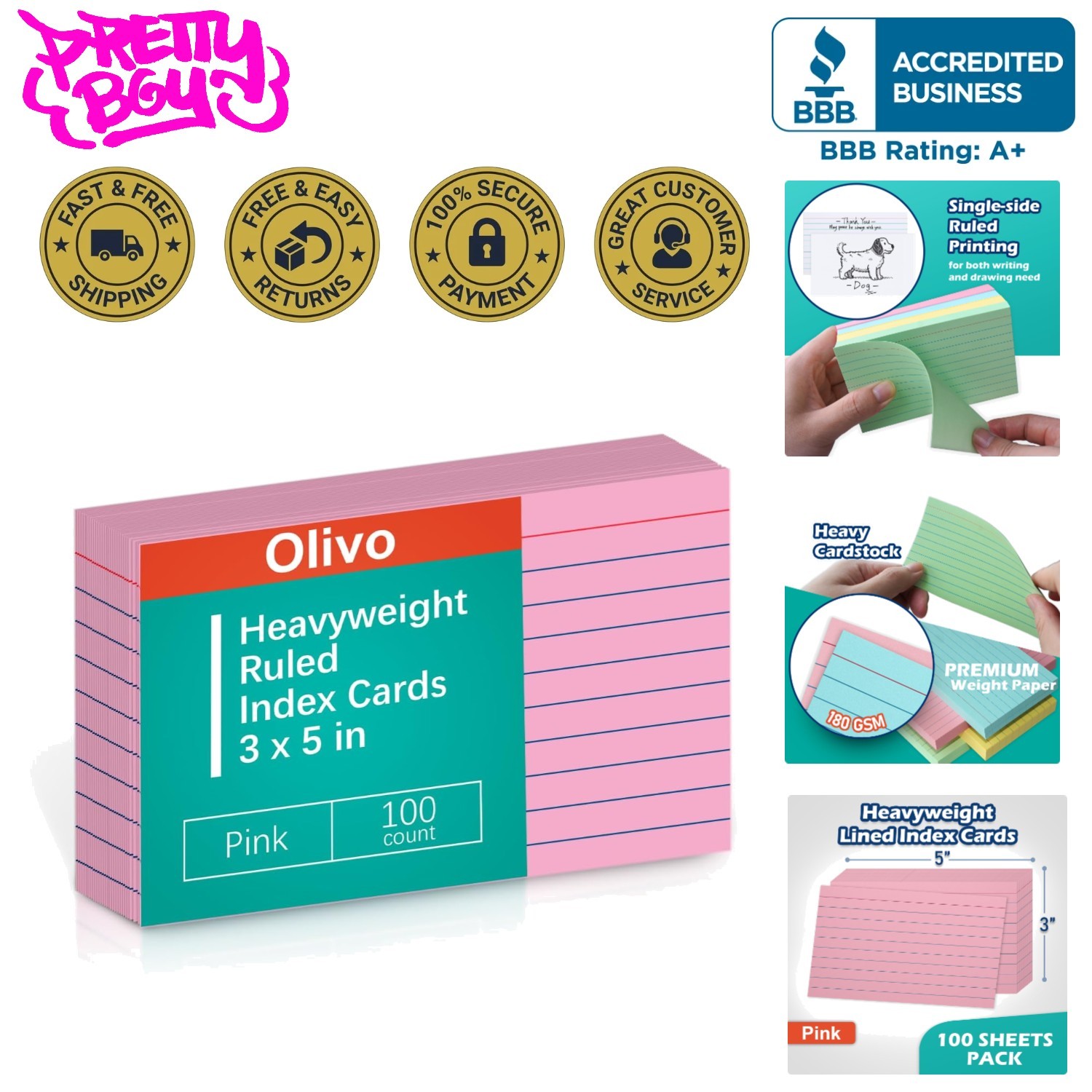 Durable 3×5 Pink Lined Index Cards – 100 Count, Ideal for Notes & Flashcards