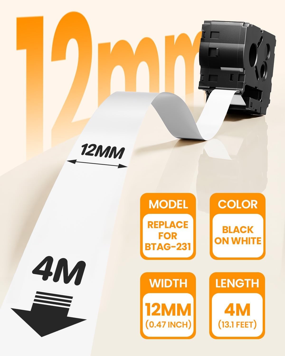 For Brother Btag Label Tape 12mm Btag-231 Btag231 White PT-N10 PT-N20 PT-N25BT