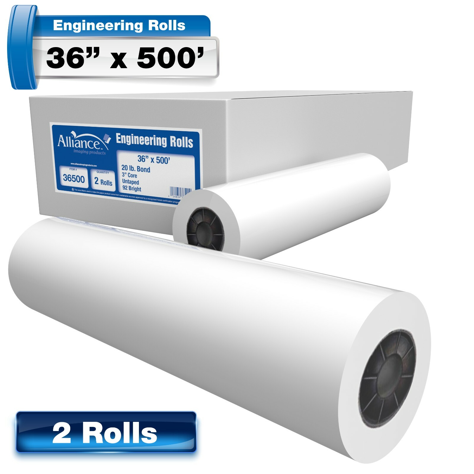 Alliance Paper Rolls, Bond Engineering, 36x500x3, 92 Bright, 20lb 2 Rls/Ctn