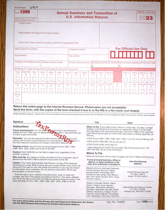2023 IRS Tax Form 1096 Annual Summary and Transmittal (for 1099’s to IRS)