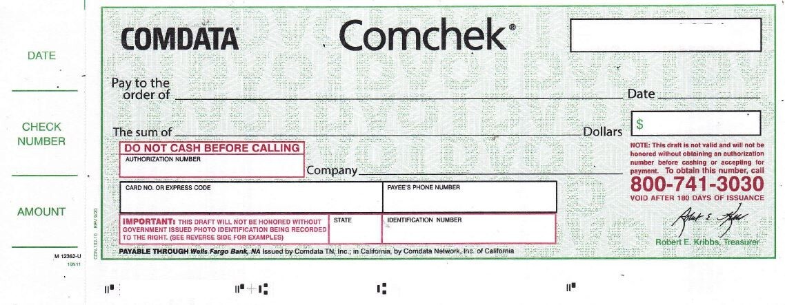 Green COMDATA Comchek 20 comchecks