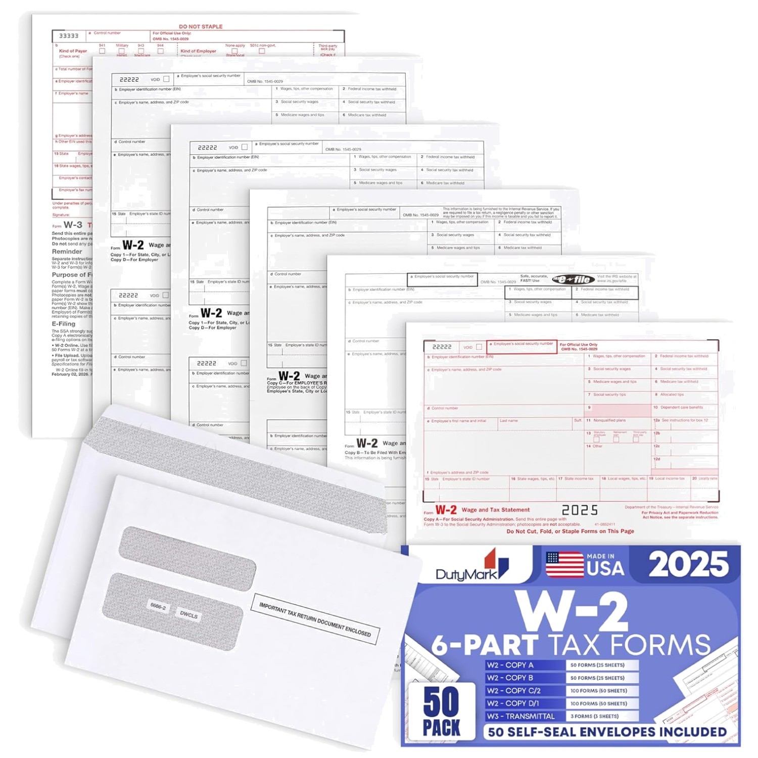 2025 W2 Forms 6-Part Set for 50 Employees, IRS Compliant