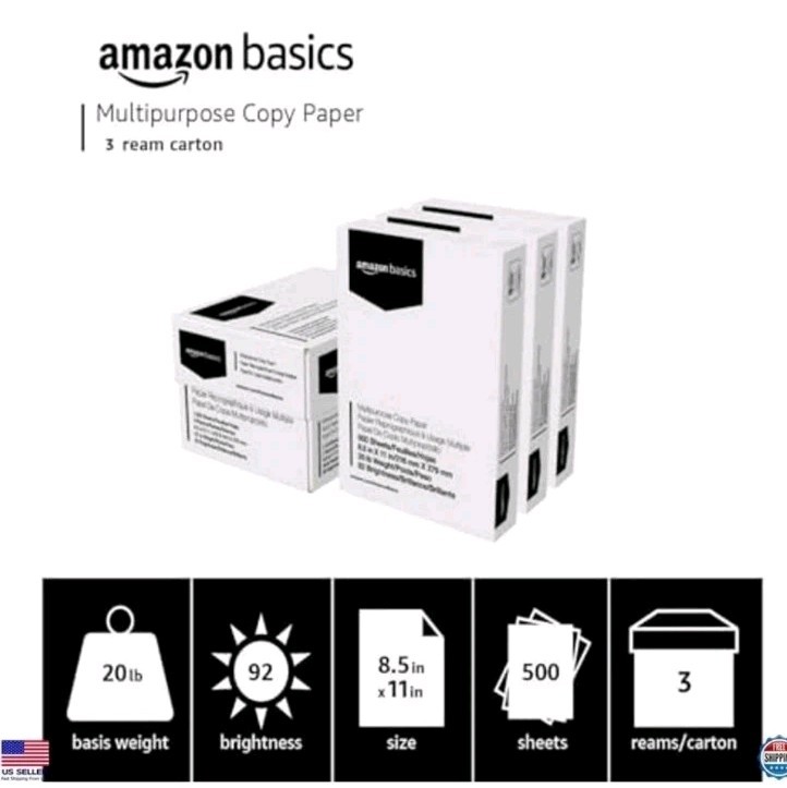 Amazon Basics Multipurpose Copy Printer Paper, 20 lb, 8.5 x 11 Inches, 3 Reams