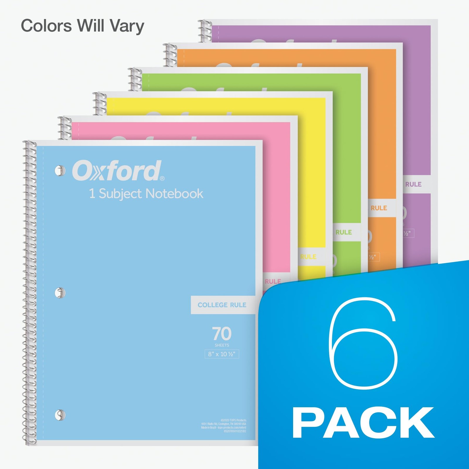 Oxford Spiral Notebook College Ruled 8×10.5 Pastel Colors 70 Sheets 6 Pack