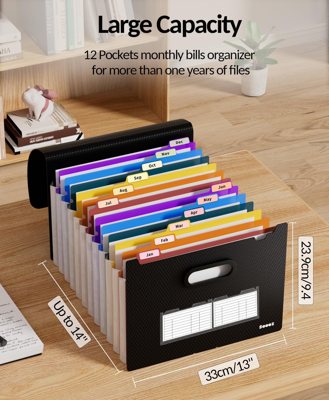 Sooez Upgraded Accordion File 13″ x 9.4″ x 14″, Black With Rainbow Pocket