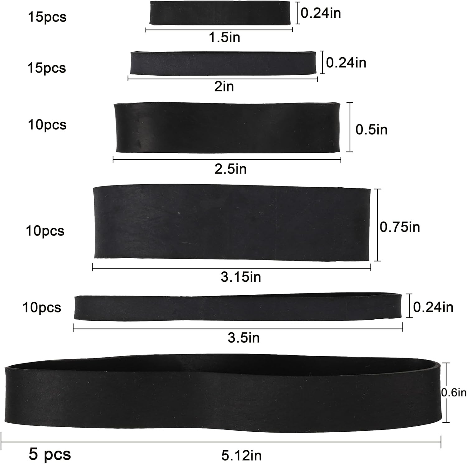 65Pcs Rubber Bands Assorted Sizes Black 6 sizes 1.5in 2in size 82 size#94 size 6
