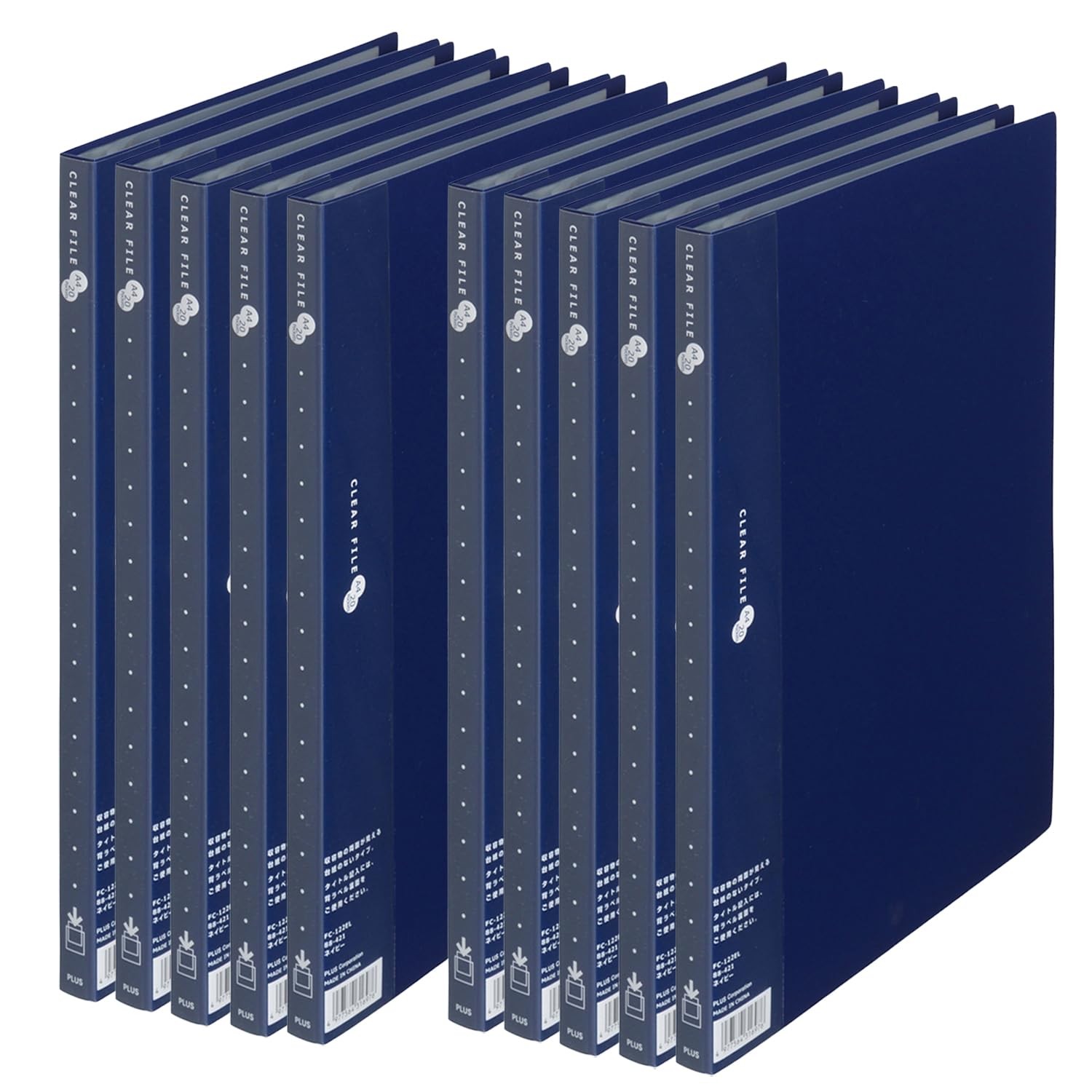 PLUS clear file, Super Economy, A4 size, vertical, 20 pockets, navy, 10 packs
