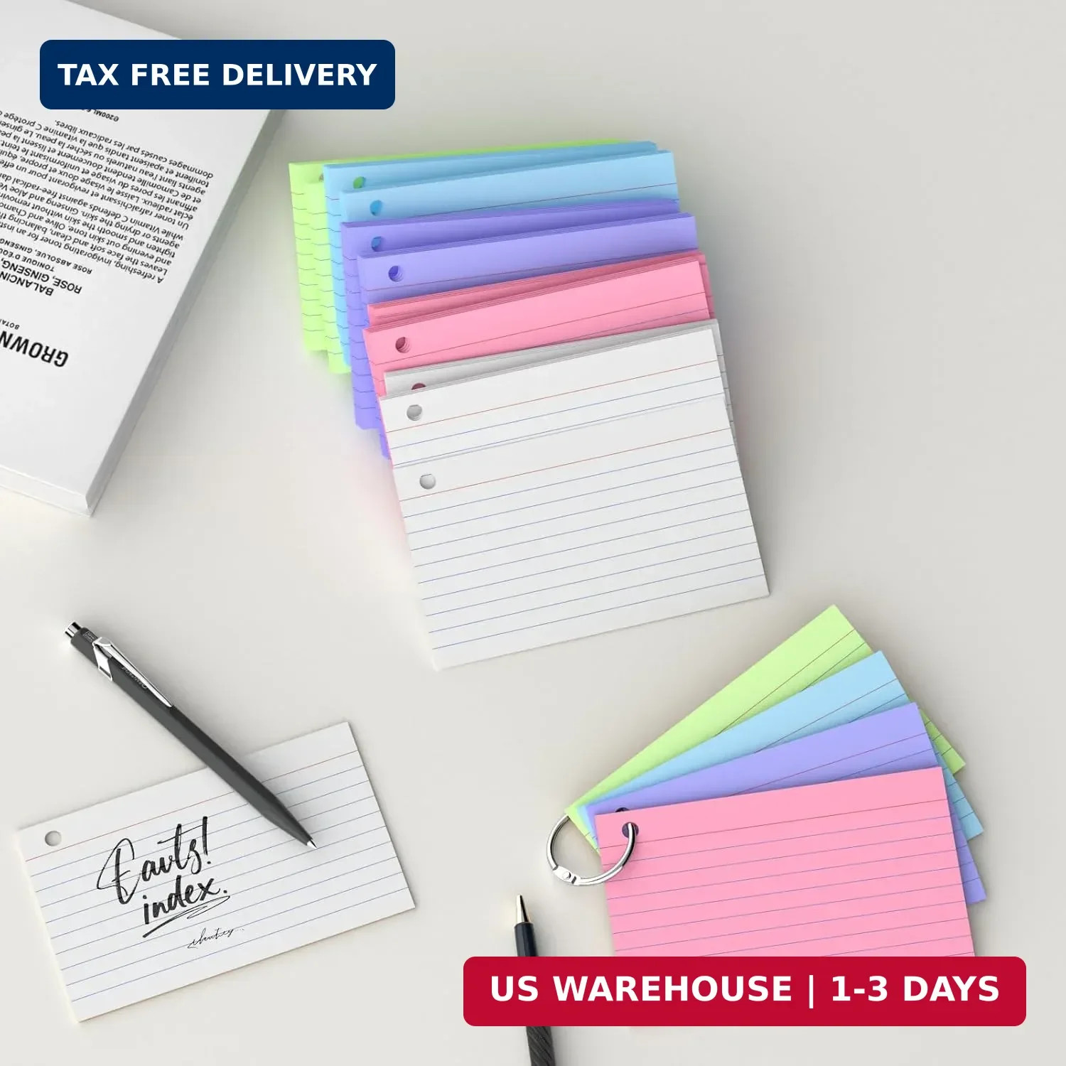 250 Count Colored Index Cards 3×5 Inch with Key Ring, 180gsm Heavy Weight Flash