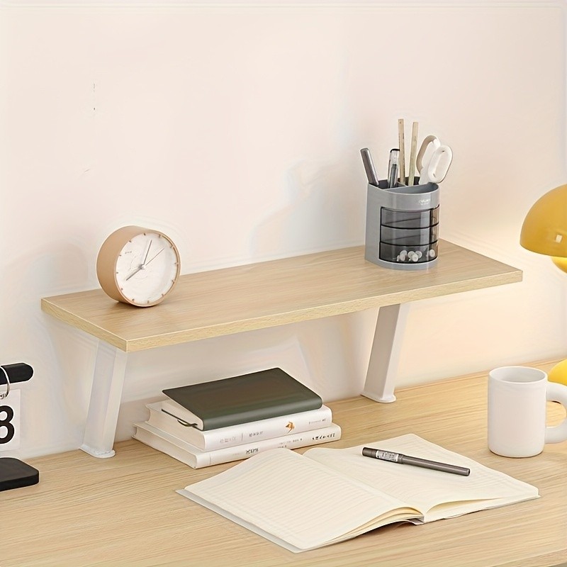 1pc White Wooden Floating Desk Shelf – Rectangular No-Drill Countertop Organizer
