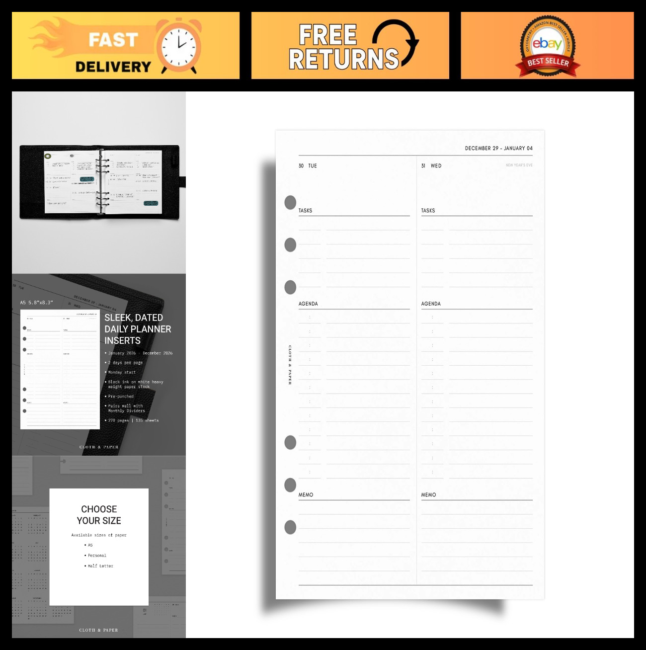 A5 2026 Daily Planner Inserts – 6 Ring Refills, 2 Days/Page, Minimalist Design,