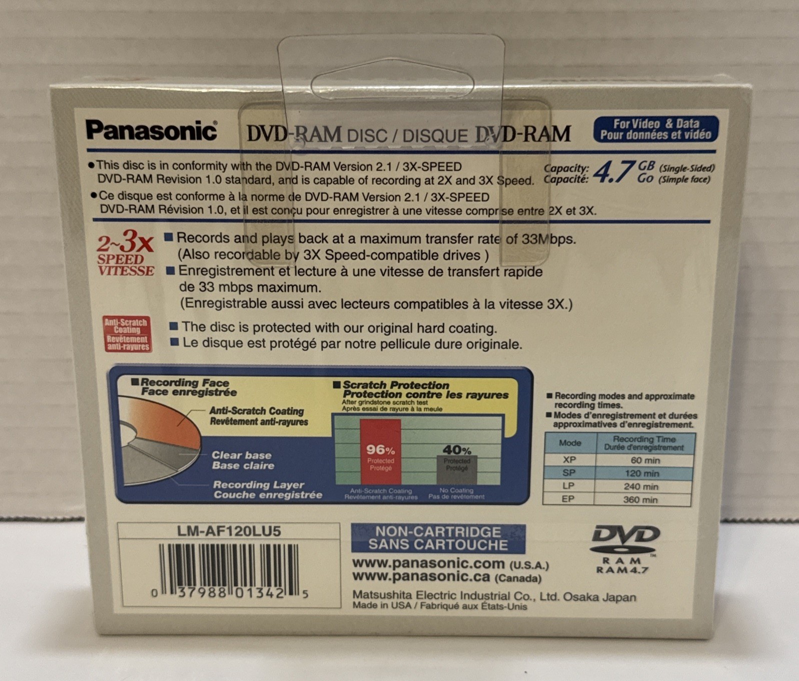 SEALED Panasonic DVD RAM 5 Pack 120 Min 2 3X Speed Disc LM AF120LU5 (NEW)