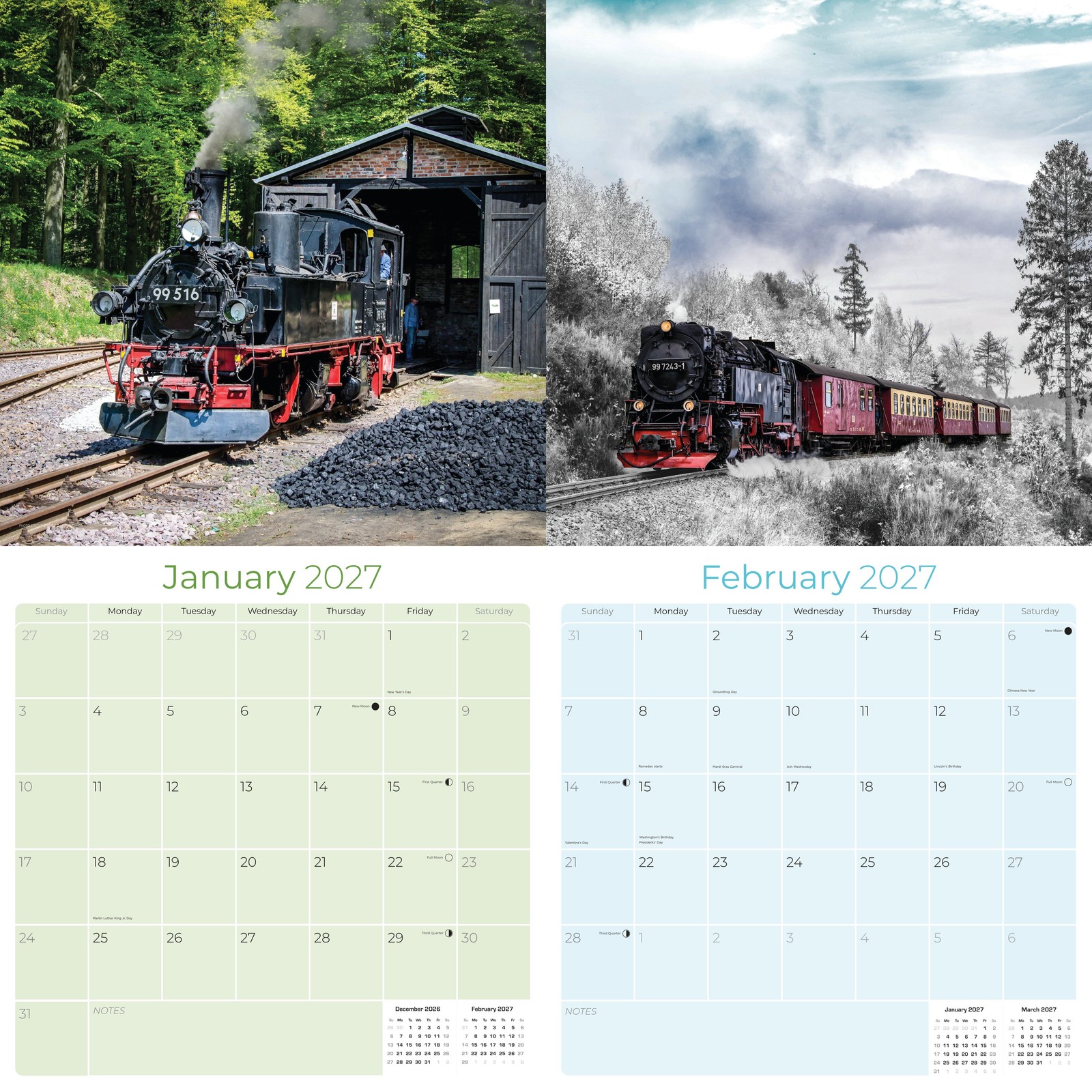 Steam Trains Calendar 2025 FULL SIZE 12×24 Made in USA