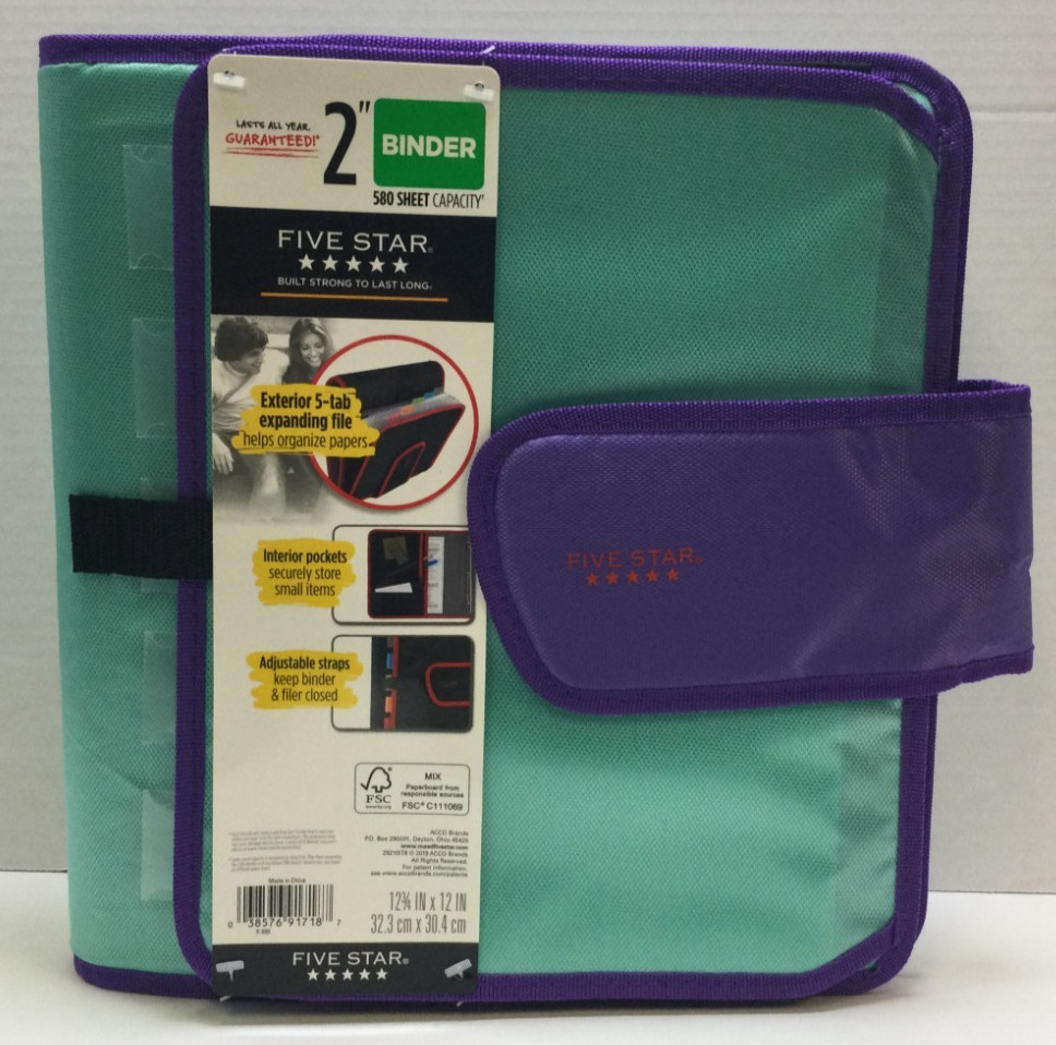 Five Star Teal and Purple 2″ Binder 3-Ring Exterior 5 Tab Expanding File
