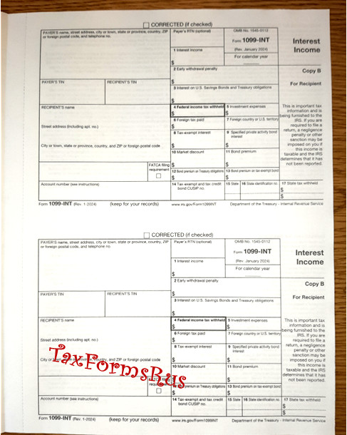 2025 IRS Tax Form 1099-INT single sheet set for 2 recipients NON-carbonless 4-pt