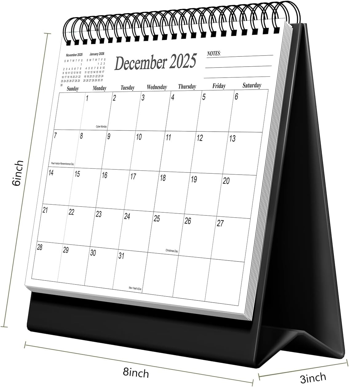 Desk Calendar 2026 – Runs January 2026 until June 2027 – 6″ x 8″, Black