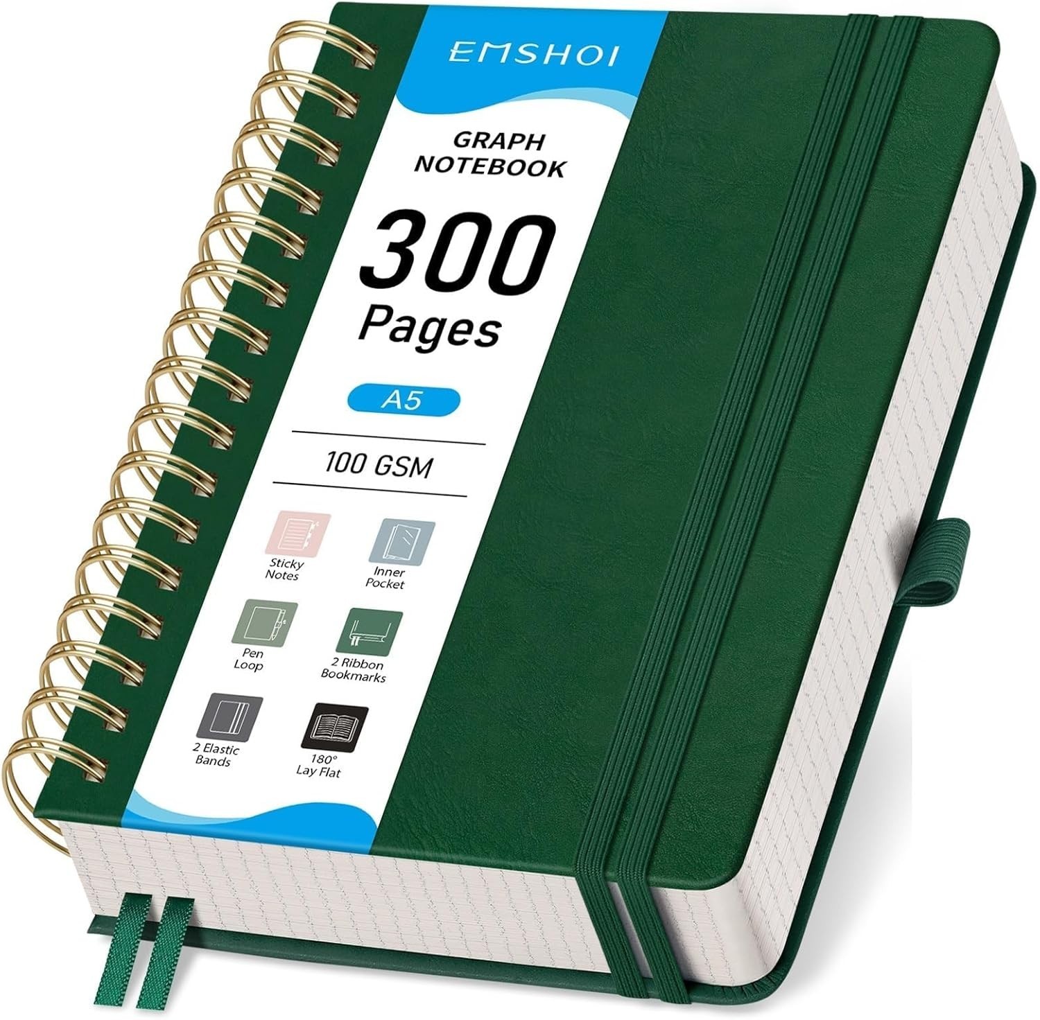EMSHOI Spiral Graph Paper Notebook – 300 Pages, 100 GSM Thick Grid Notebook,