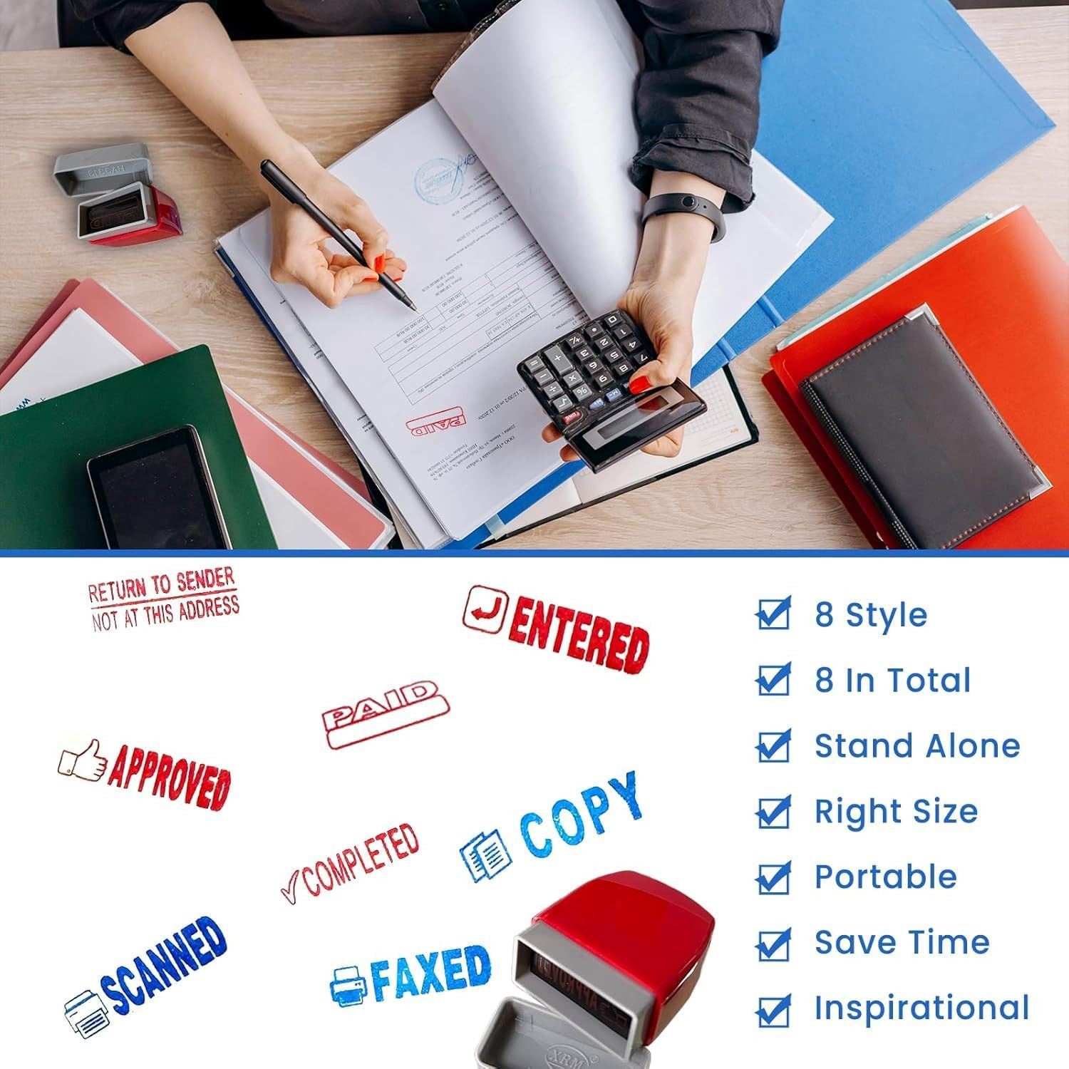 8PCS Office Stamps Set, Paid Scanned Approved Copy Faxed Completed Entered Retur