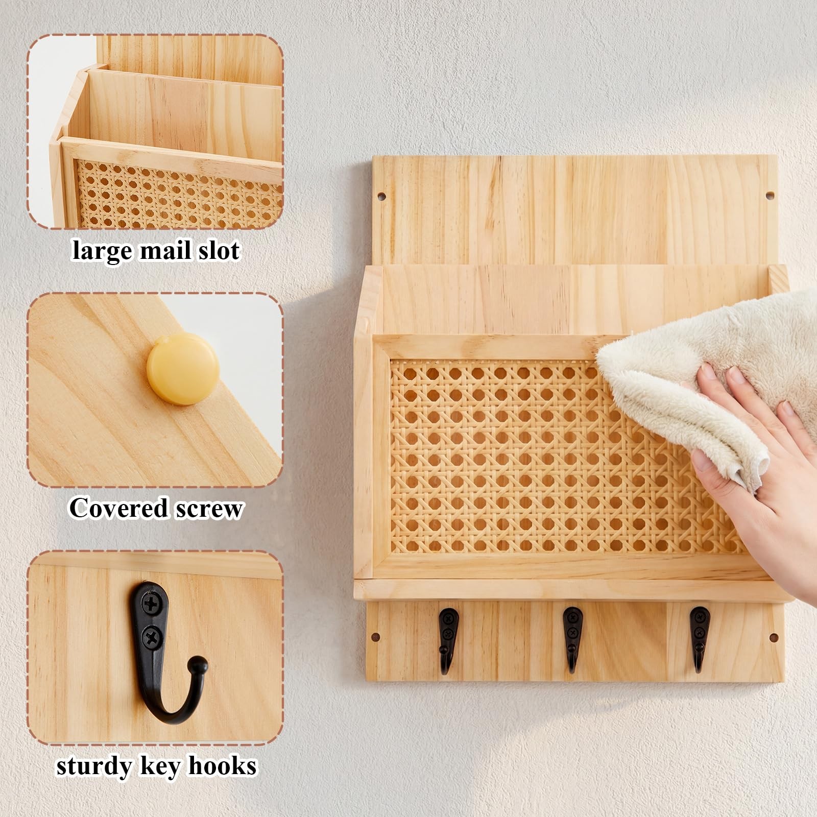 Rattan Mail and Key Holder Wall Mounted, Wood Magazine Mail Sorter Rack Wall …
